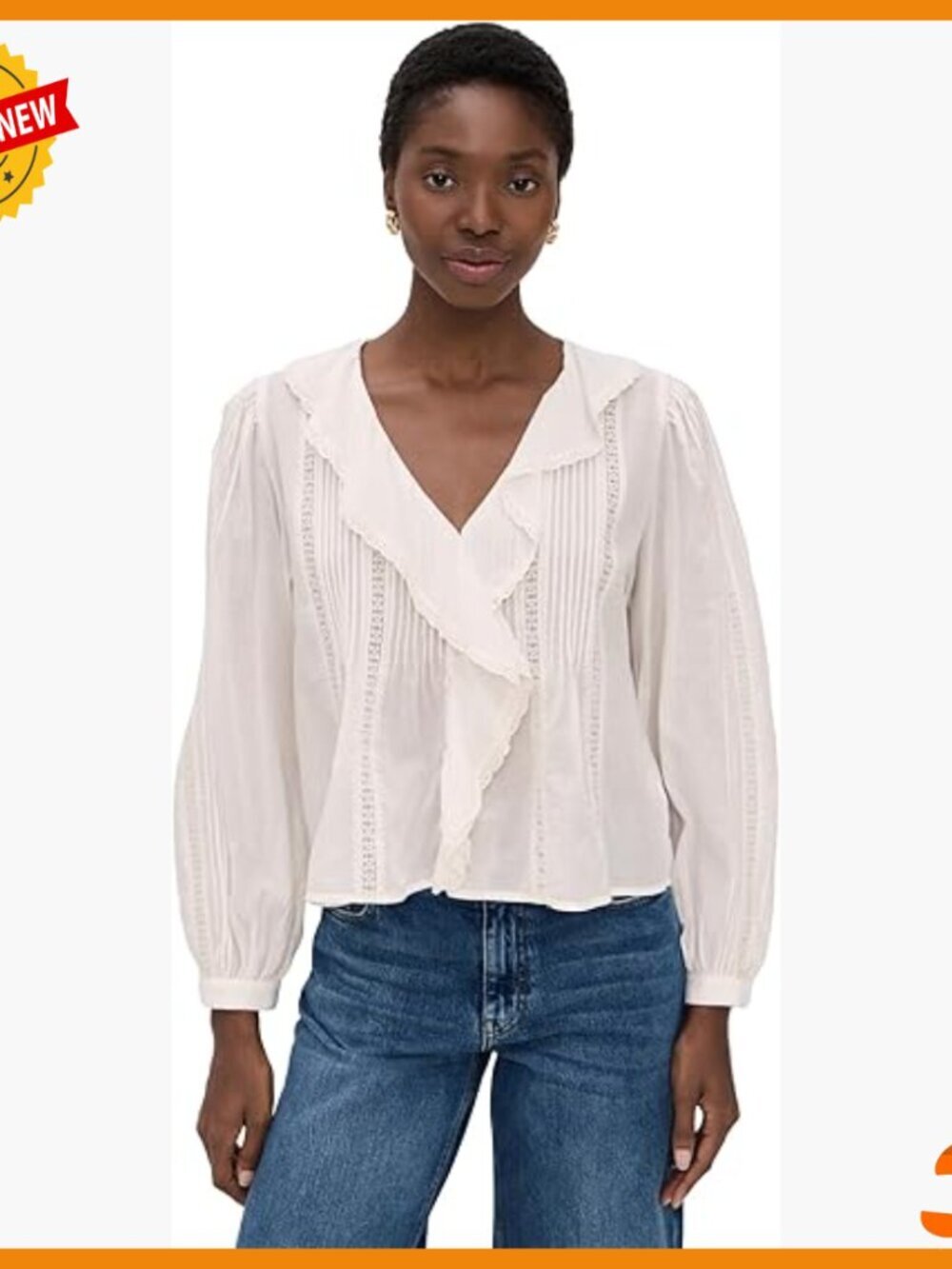 Lace-Insert Ruffled Pintuck Long-Sleeve Top, Lightweight Fabric